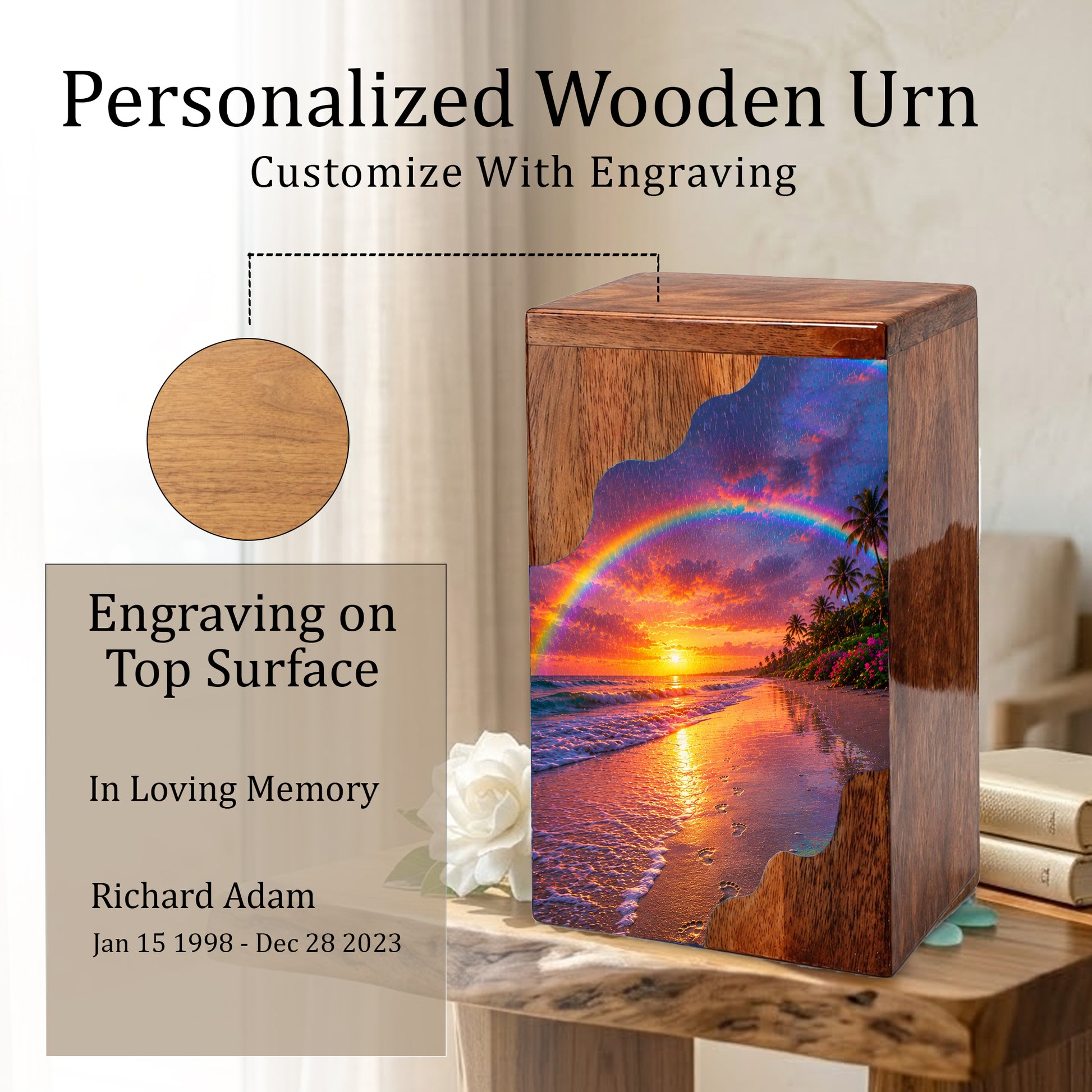 Beach Wooden Cremation Urn for Human Ashes | Rainbow Ocean Sunset Memorial Urn