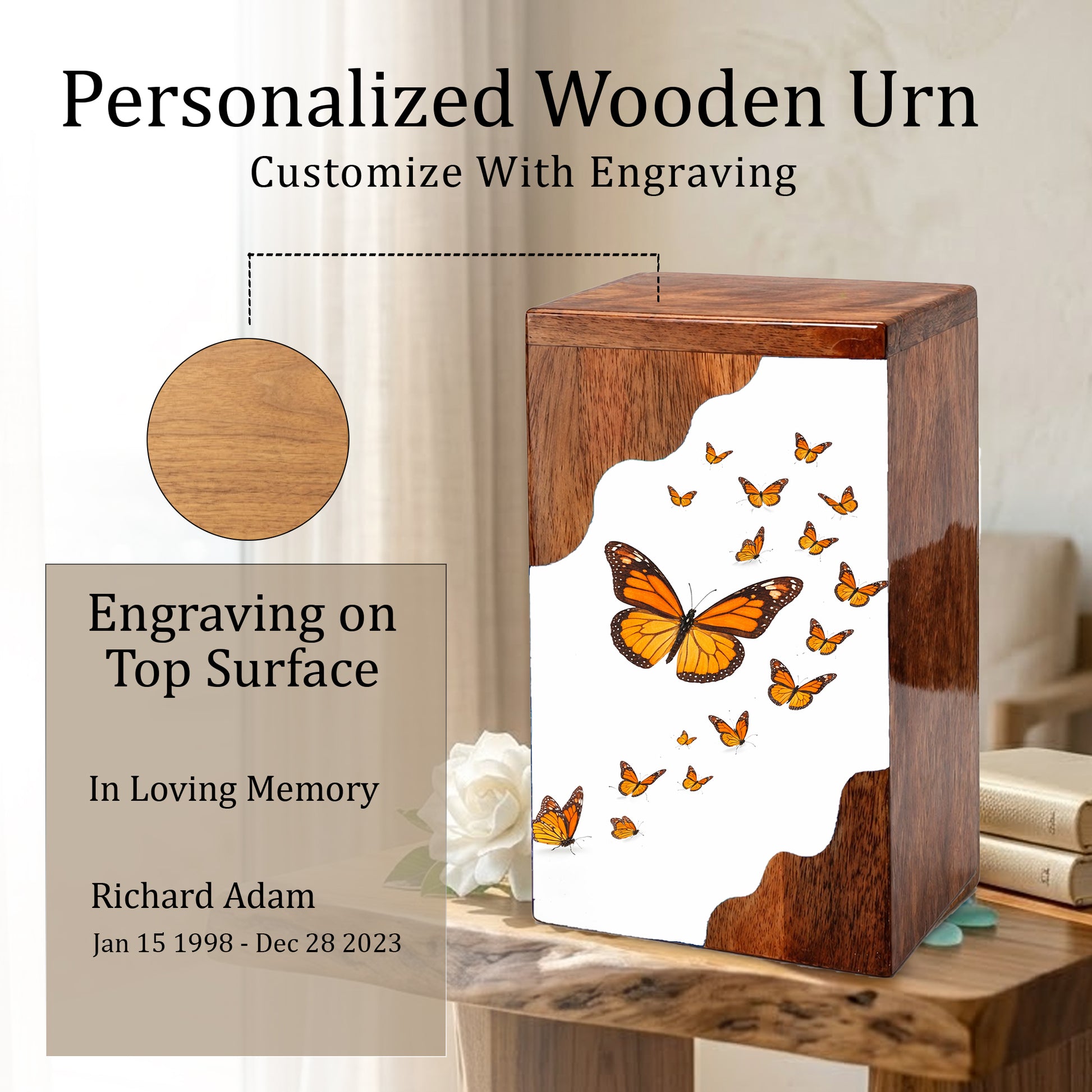 Wooden Butterfly Cremation Urn – Monarch Butterfly Memorial Urn | Custom Wooden Urn for Human Ashes