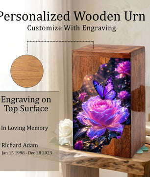 Purple Butterfly Rose Wooden Cremation Urn – Wooden Urn for Human Ashes