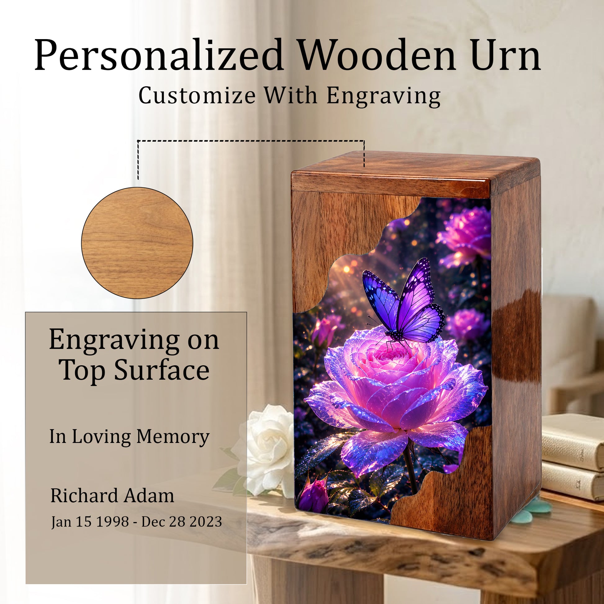 Purple Butterfly Rose Wooden Cremation Urn – Wooden Urn for Human Ashes