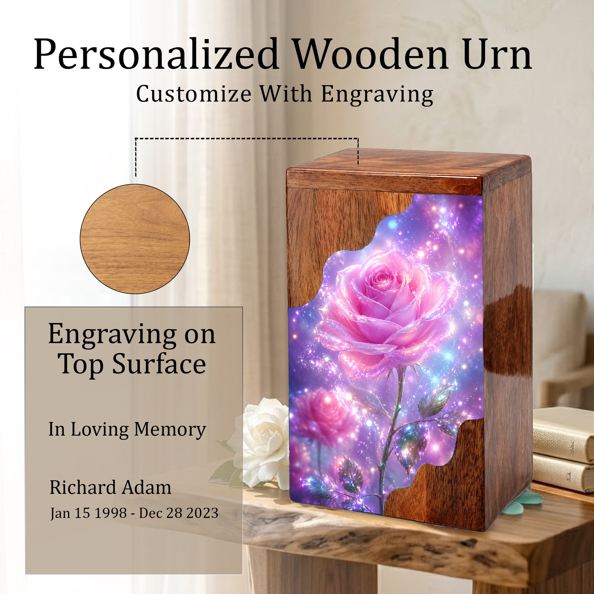 Pink Rose Wooden Cremation Urn – Wooden Urn for Human Ashes