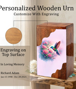 Hummingbird Wooden Cremation Urn – Floral Memorial Urn with Hummingbird Design