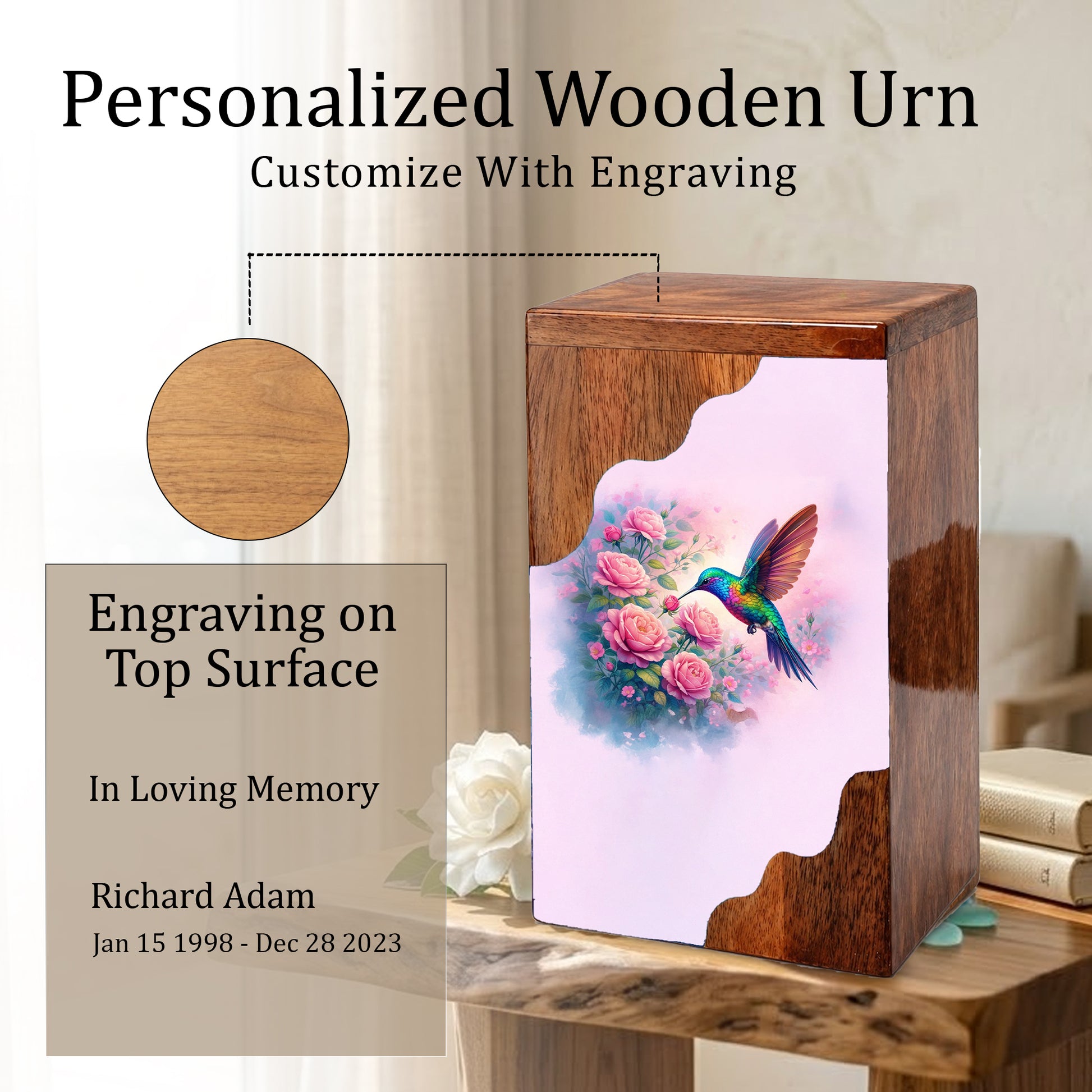Hummingbird Wooden Cremation Urn – Floral Memorial Urn with Hummingbird Design