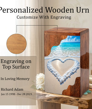 Heart in the Sand Wooden Cremation Urn – Personalized Memorial Urn for Human Ashes