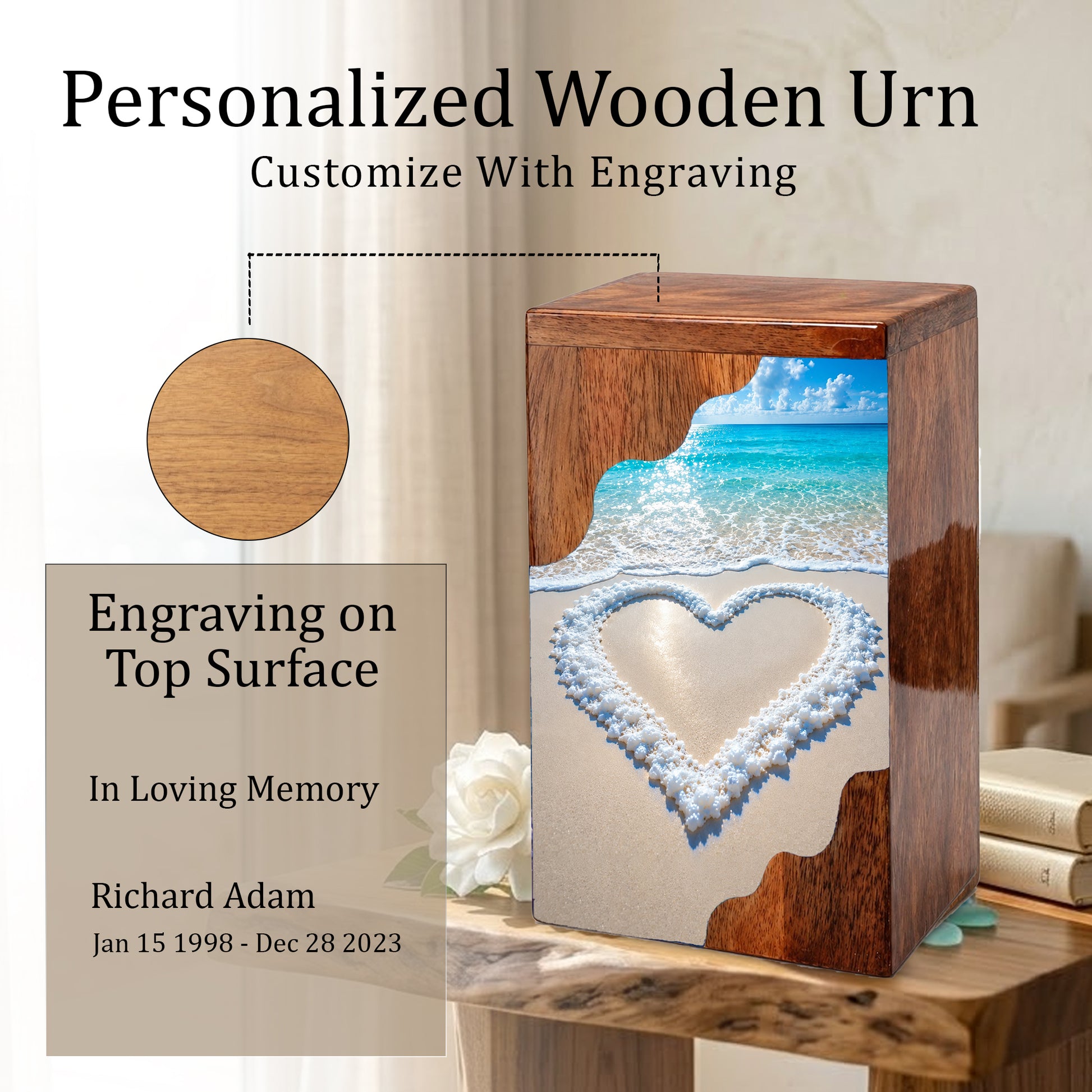 Heart in the Sand Wooden Cremation Urn – Personalized Memorial Urn for Human Ashes