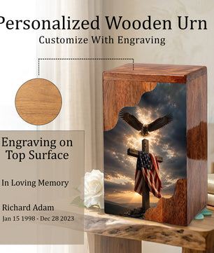 Christian Cross Wooden Cremation Urn for Human Ashes | Patriotic Religious Memorial Urn