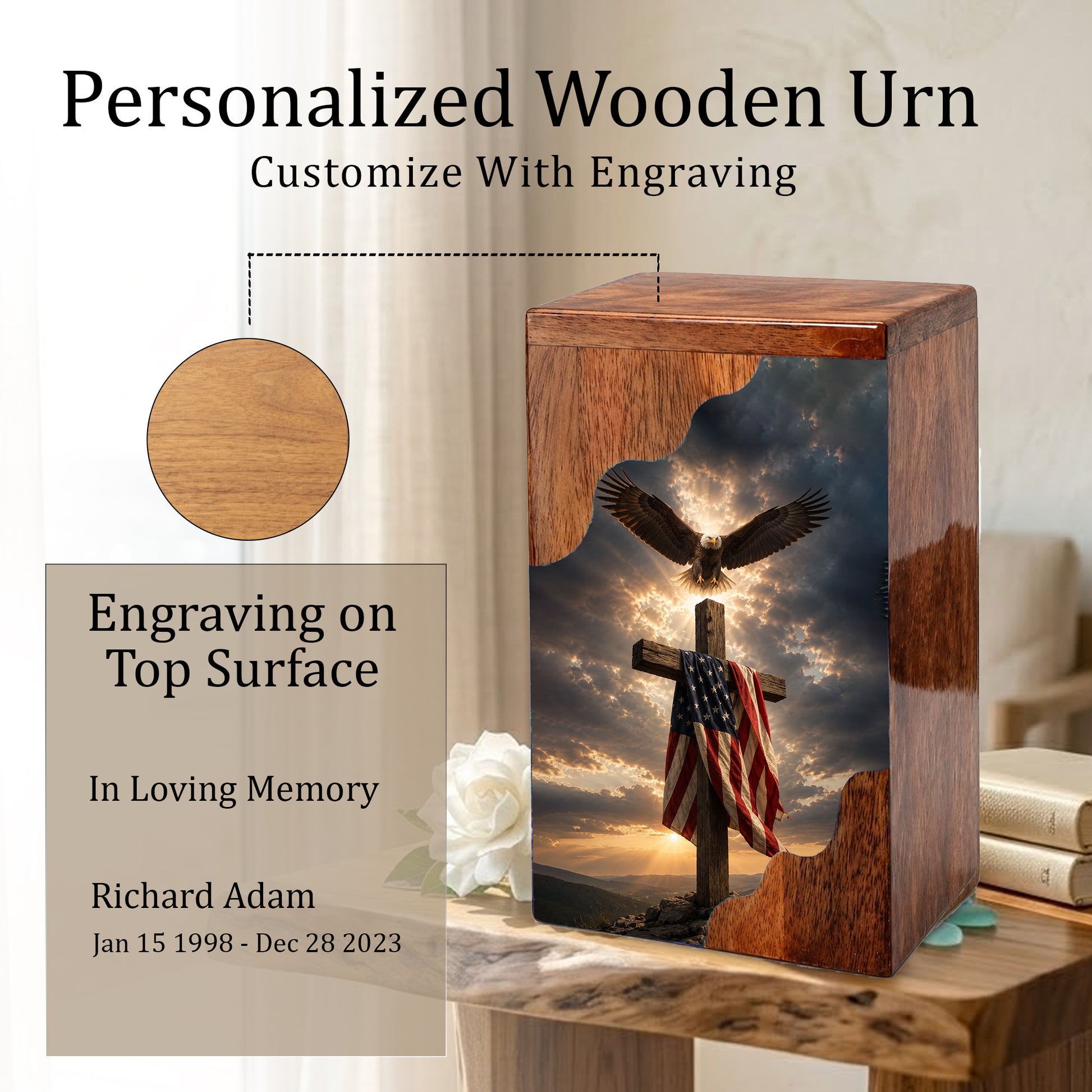 Christian Cross Wooden Cremation Urn for Human Ashes | Patriotic Religious Memorial Urn