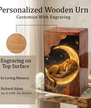 Lion Wooden Cremation Urn – Celestial Moon Memorial Urn for Human Ashes