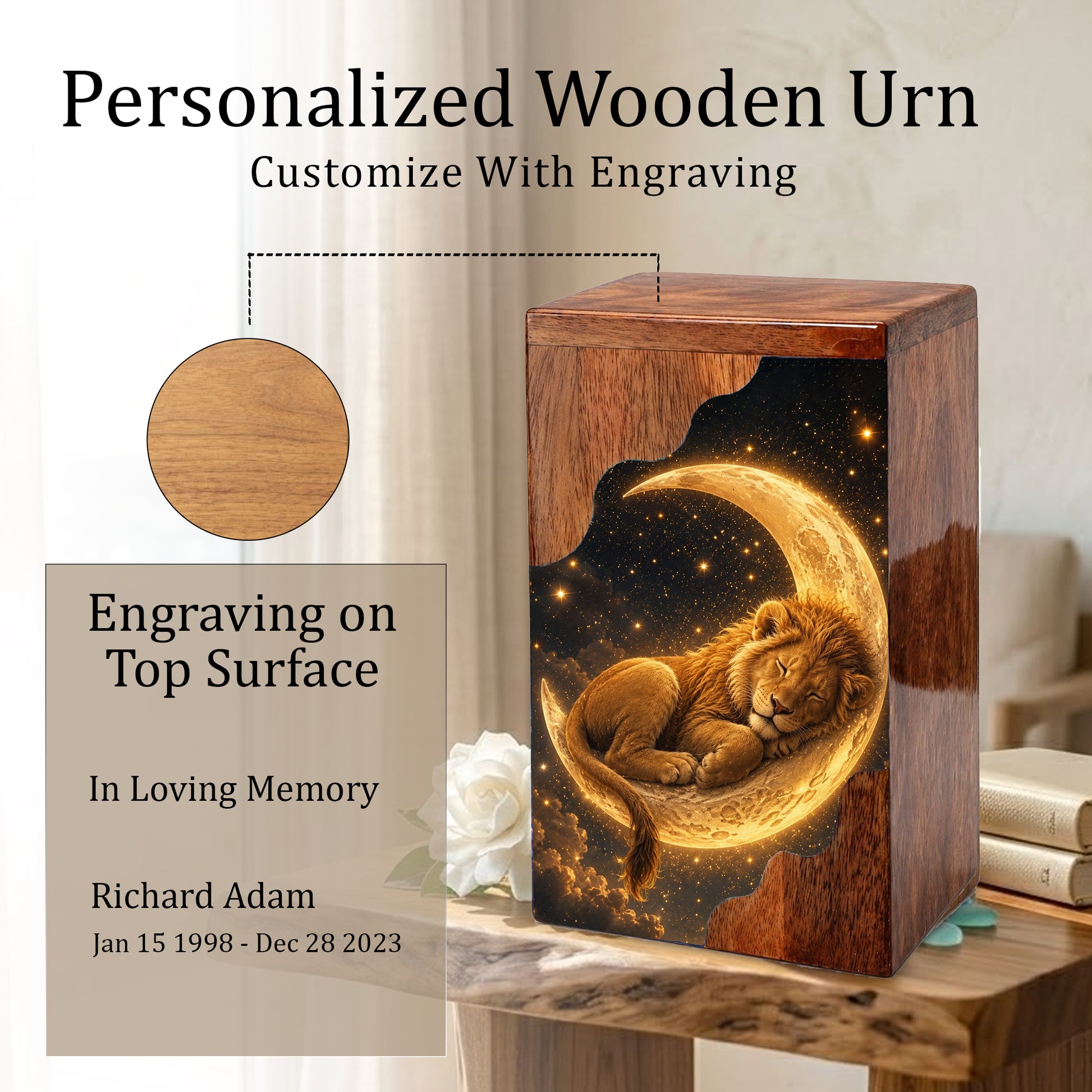 Lion Wooden Cremation Urn – Celestial Moon Memorial Urn for Human Ashes
