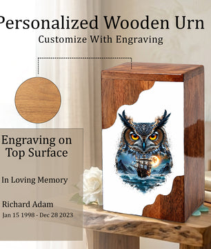 Owl Wooden Cremation Urn – Moonlit Owl Memorial Urn with Ocean Ship Artwork