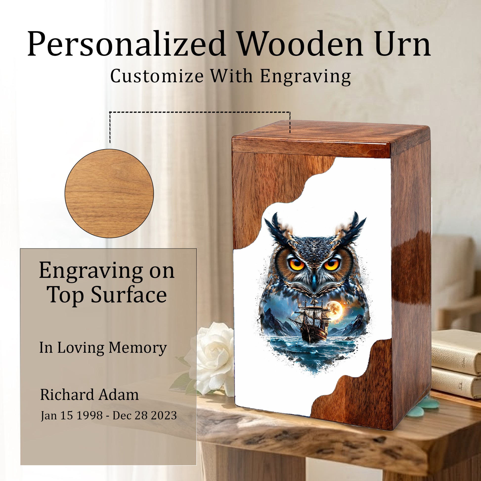 Owl Wooden Cremation Urn – Moonlit Owl Memorial Urn with Ocean Ship Artwork