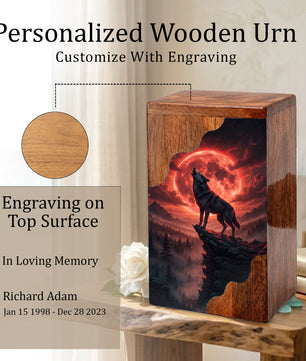 Wooden Cremation Urn – Red Moon Wolf Memorial Urn | Custom Wooden Memorial Urn for Dad