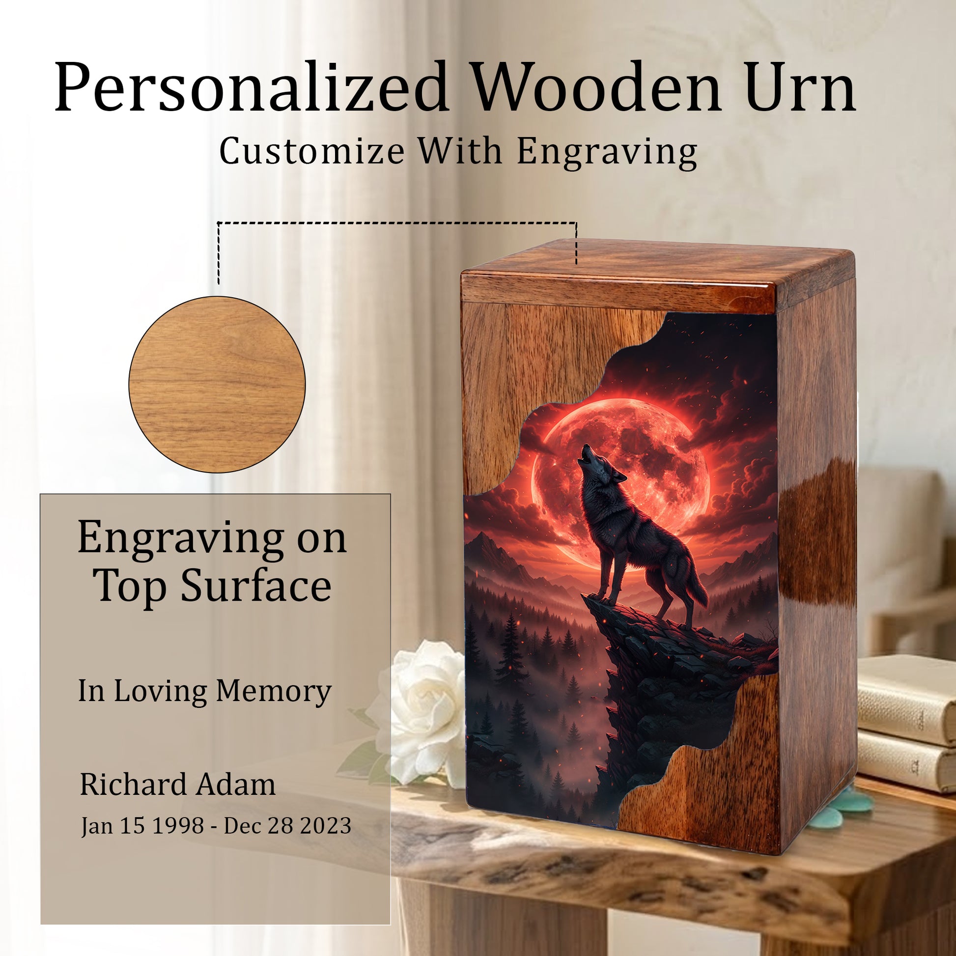 Wooden Cremation Urn – Red Moon Wolf Memorial Urn | Custom Wooden Memorial Urn for Dad