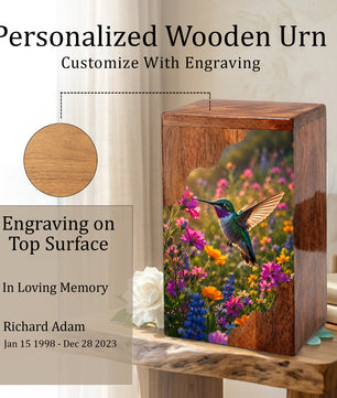 Green Hummingbird Wooden Cremation Urn – Wildflower Memorial Wooden Urn for Human Ashes