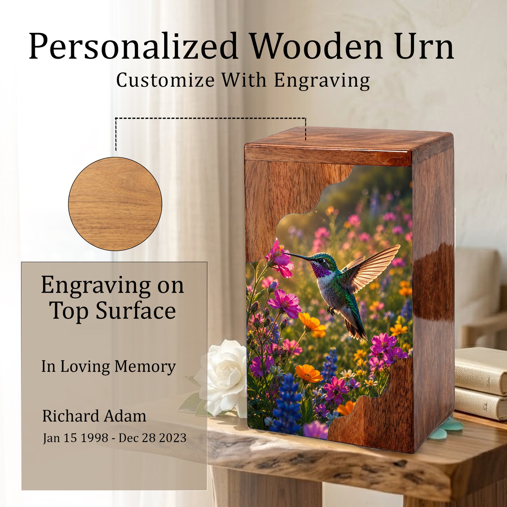 Green Hummingbird Wooden Cremation Urn – Wildflower Memorial Wooden Urn for Human Ashes