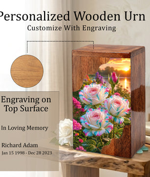 Floral Wooden Cremation Urn – Rose Memorial Urn for Human Ashes