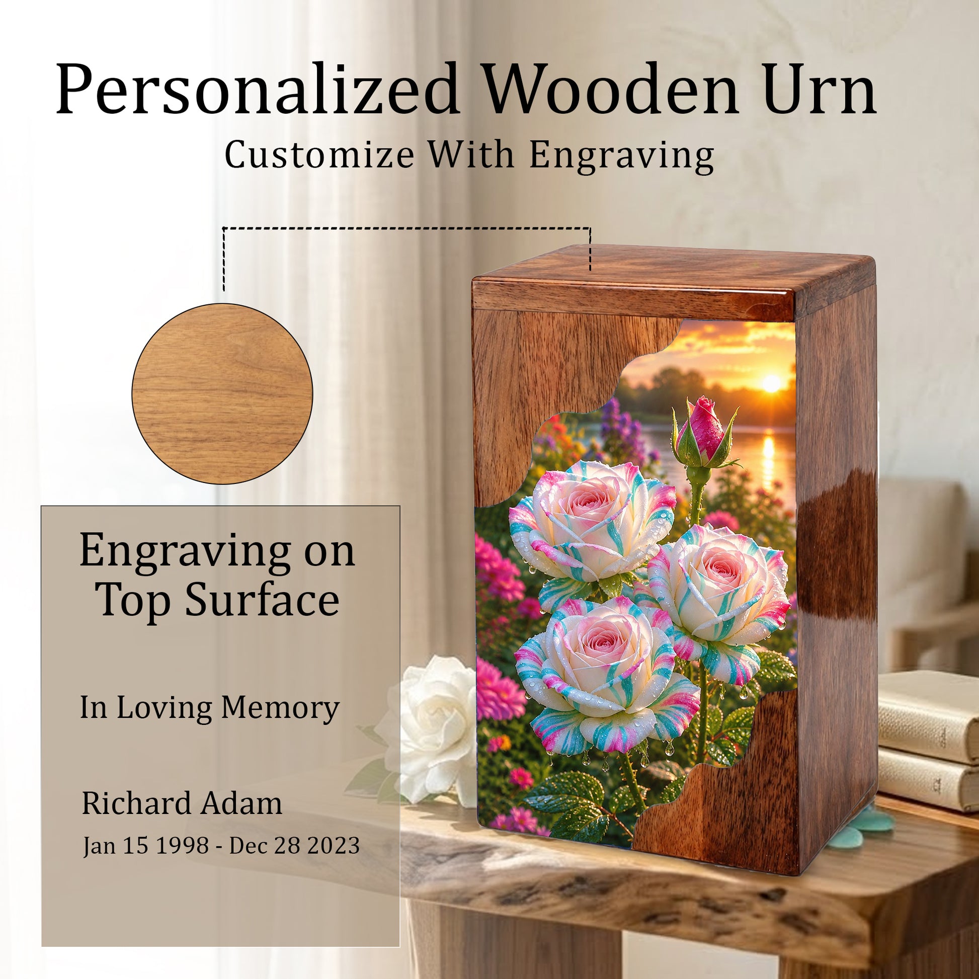 Floral Wooden Cremation Urn – Rose Memorial Urn for Human Ashes