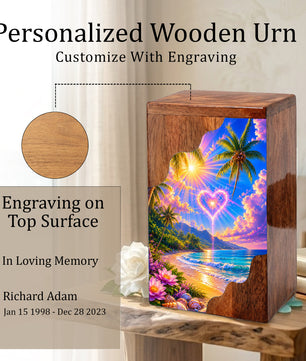 Tropical Beach Wooden Cremation Urn – Heart Sky Memorial Urn with Ocean Sunset Design