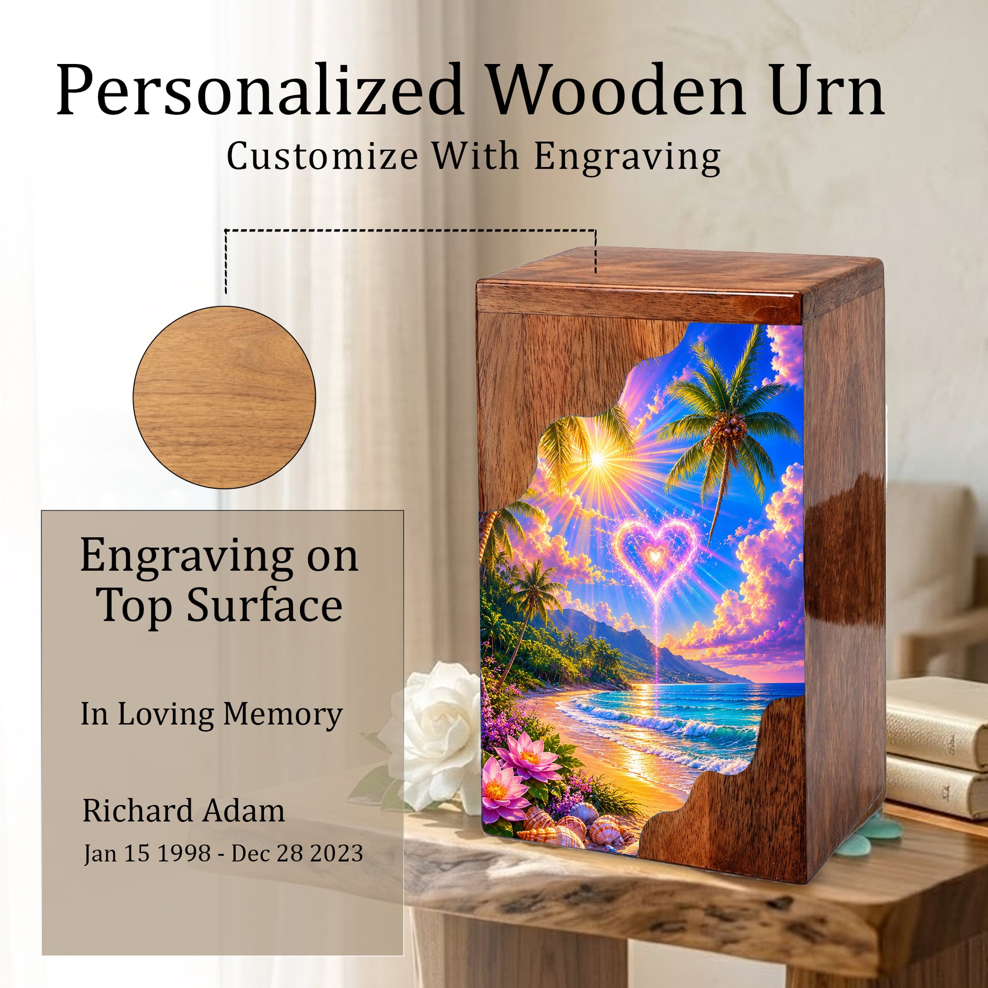 Tropical Beach Wooden Cremation Urn – Heart Sky Memorial Urn with Ocean Sunset Design
