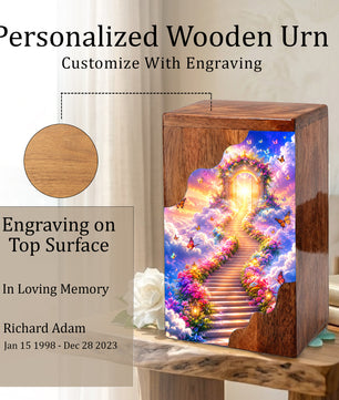 Heavenly Garden Gate Wooden Cremation Urn – Personalized Memorial Urn for Human Ashes