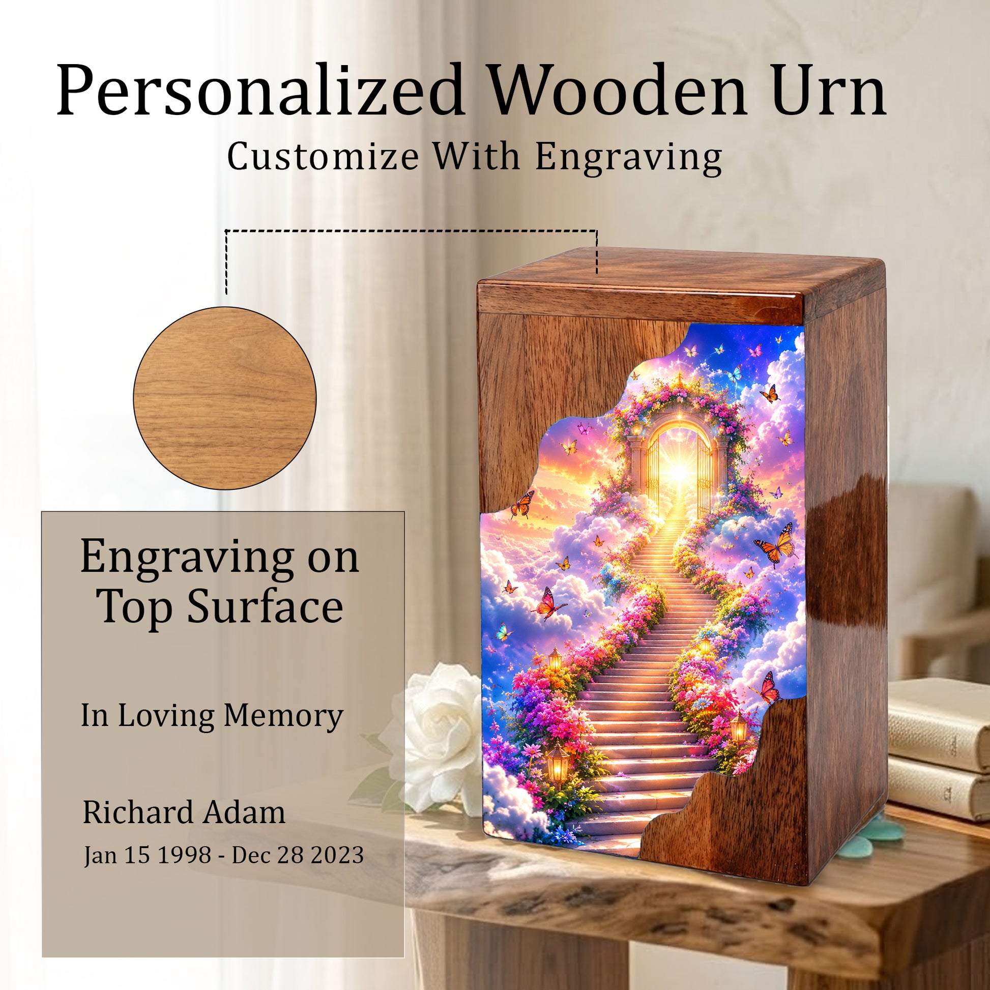 Heavenly Garden Gate Wooden Cremation Urn – Personalized Memorial Urn for Human Ashes