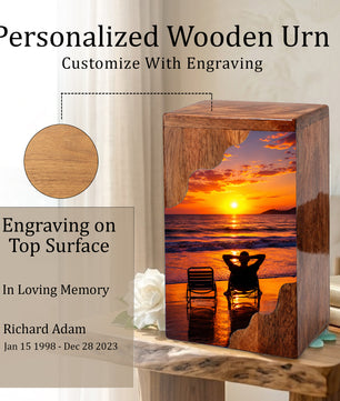 Personalised Wooden Beach Urn for Dad | Wooden Cremation Urn for Human Ashes