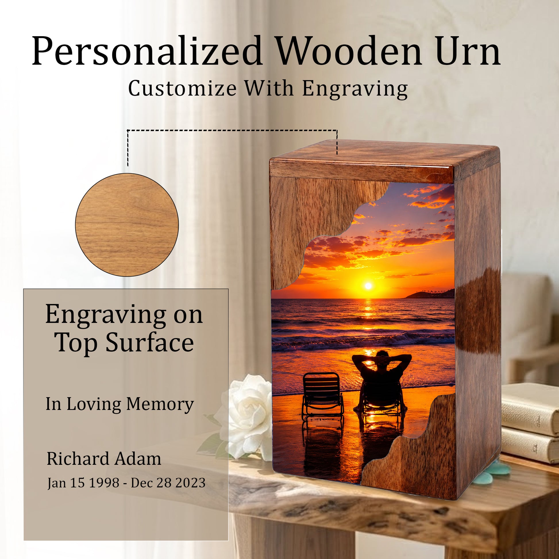 Personalised Wooden Beach Urn for Dad | Wooden Cremation Urn for Human Ashes