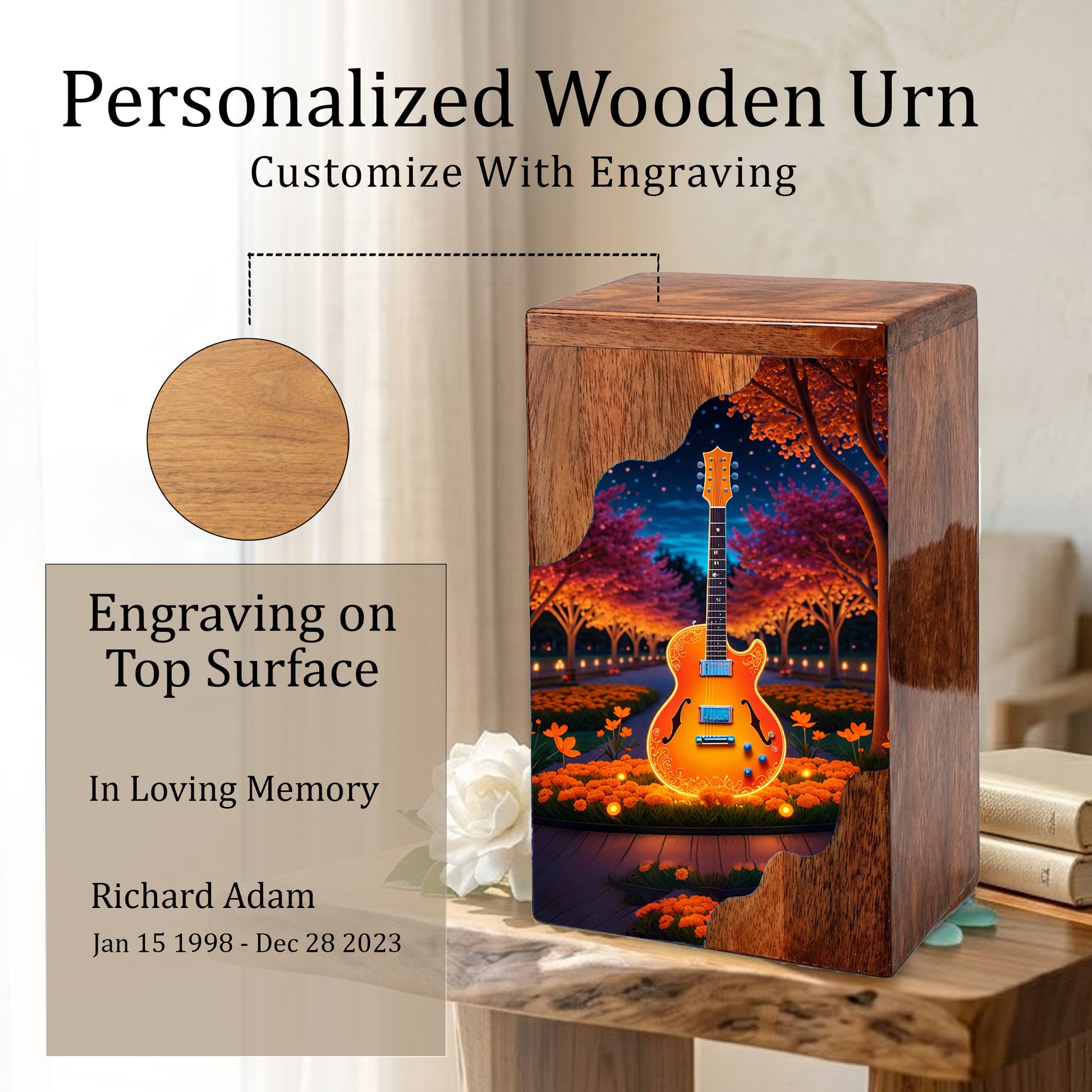 Guitar Wooden Cremation Urn – Custom Music Memorial Urn | Wooden Urn for Human Ashes