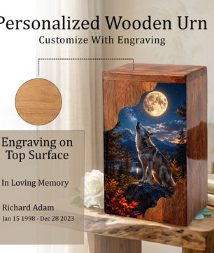 Wolf Wooden Cremation Urn – Personalized Memorial Urn for Human Ashes | Moonlit Wolf Wooden Urn