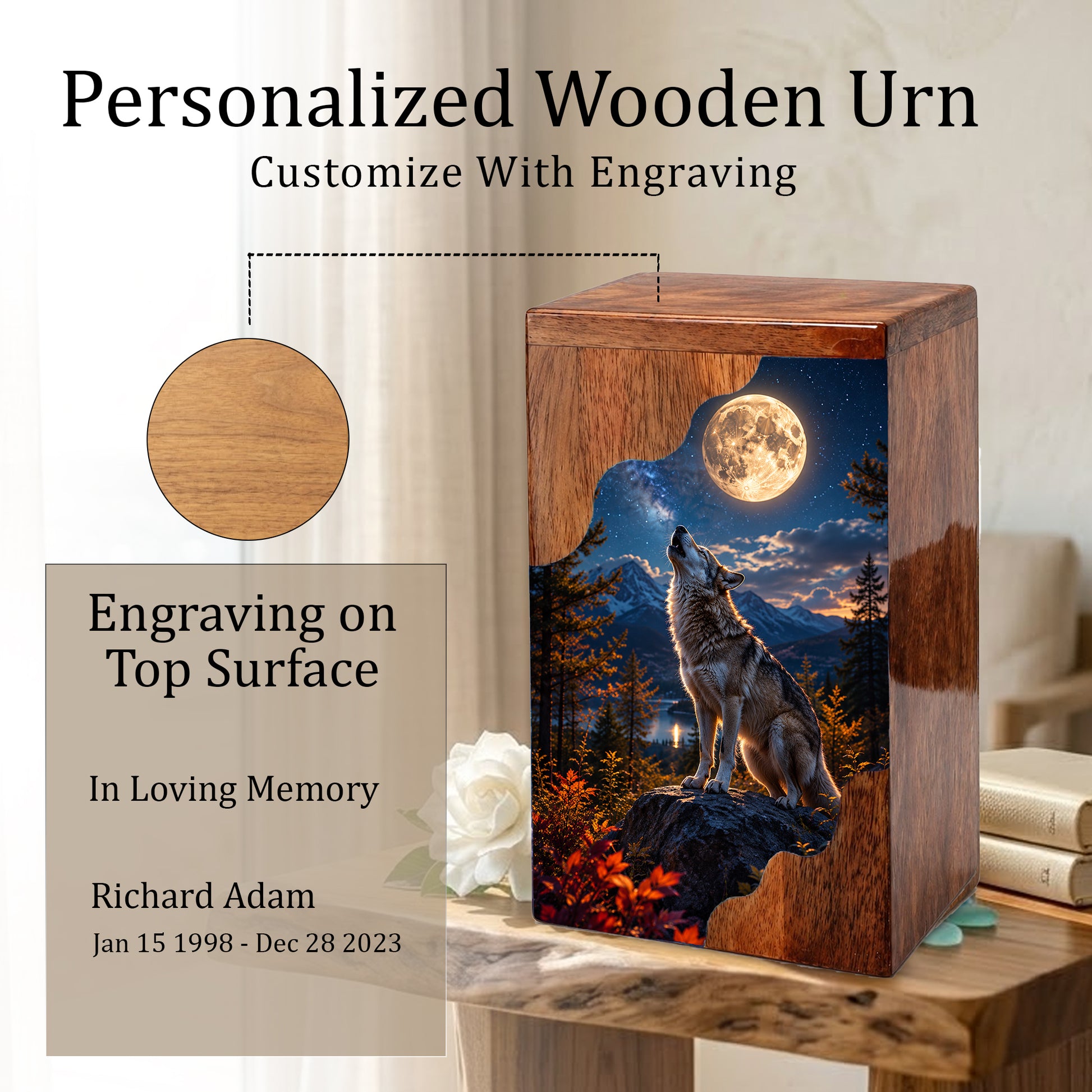 Wolf Wooden Cremation Urn – Personalized Memorial Urn for Human Ashes | Moonlit Wolf Wooden Urn