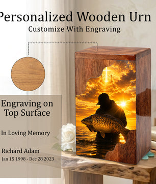 Fisherman Heaven Wooden Cremation Urn – Sunset Fishing Memorial Urn