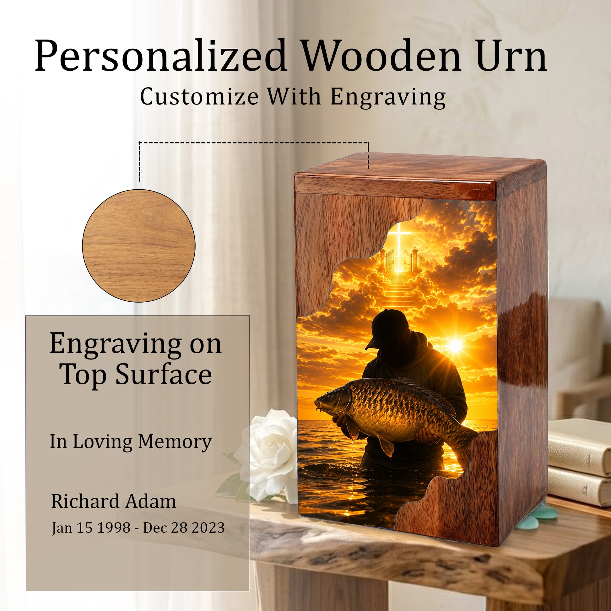 Fisherman Heaven Wooden Cremation Urn – Sunset Fishing Memorial Urn