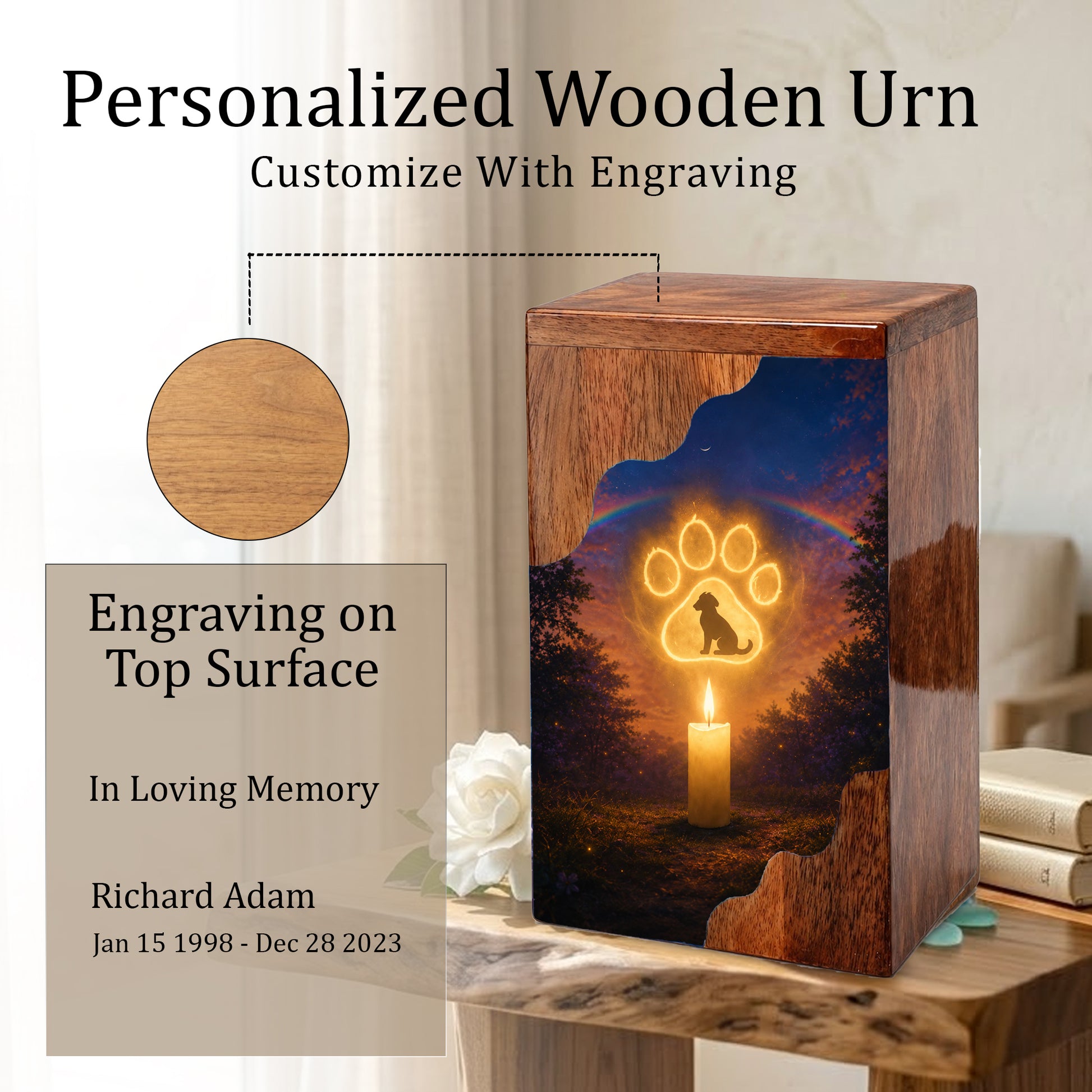 Personalized Dog Urn for Ashes, Rainbow Bridge Wooden Cremation Urn