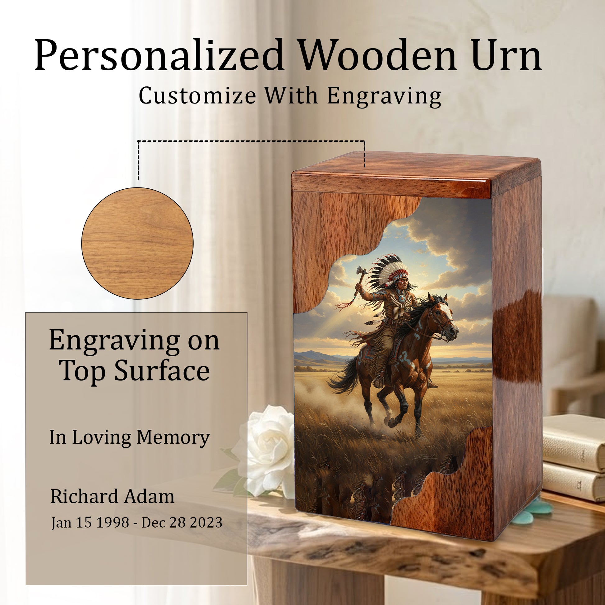 Western Cremation Urn for Dad – Custom Wooden Memorial Urn Box for Ashes