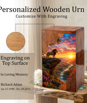 Lion Wooden Cremation Urn – Sunset Memorial Urn for Human Ashes |