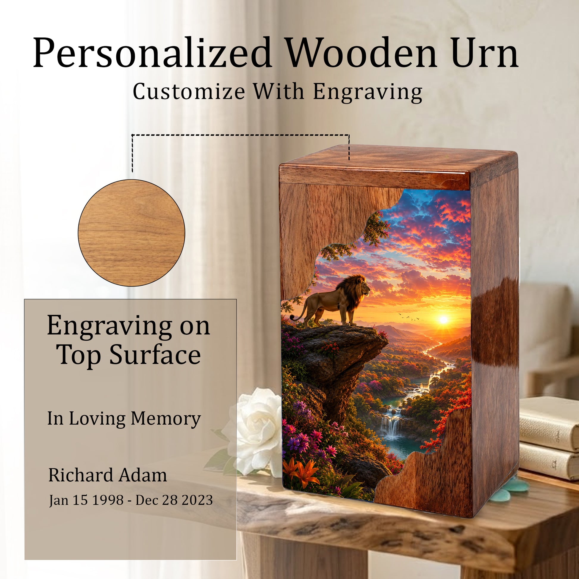 Lion Wooden Cremation Urn – Sunset Memorial Urn for Human Ashes |