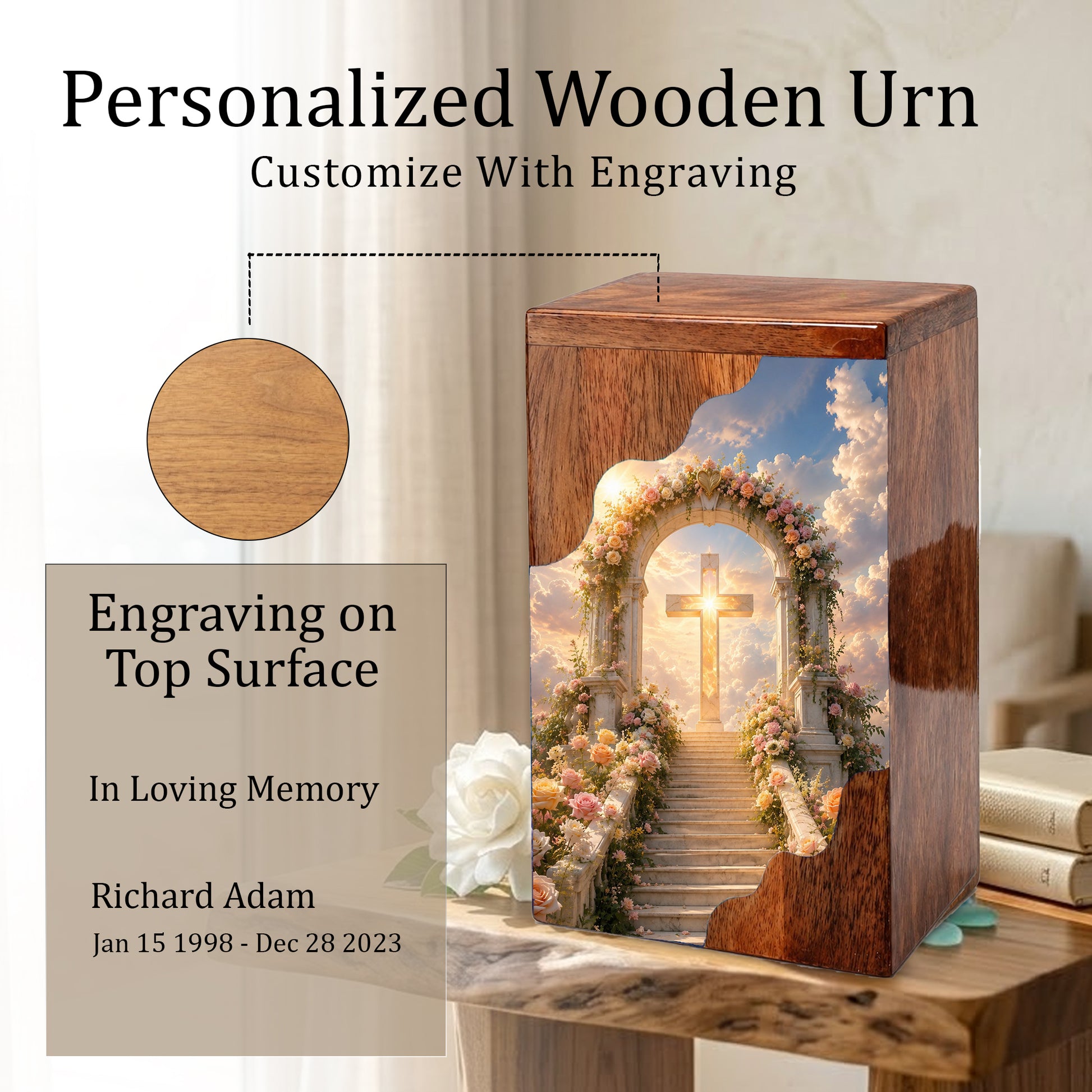 Cross Wooden Cremation Urn – Christian Memorial Urn for Human Ashes