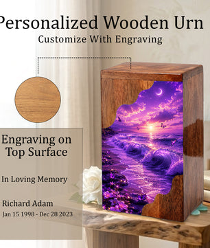Moonlit Ocean Butterfly Wooden Cremation Urn – Beach Theme Wooden Urn for Human Ashes