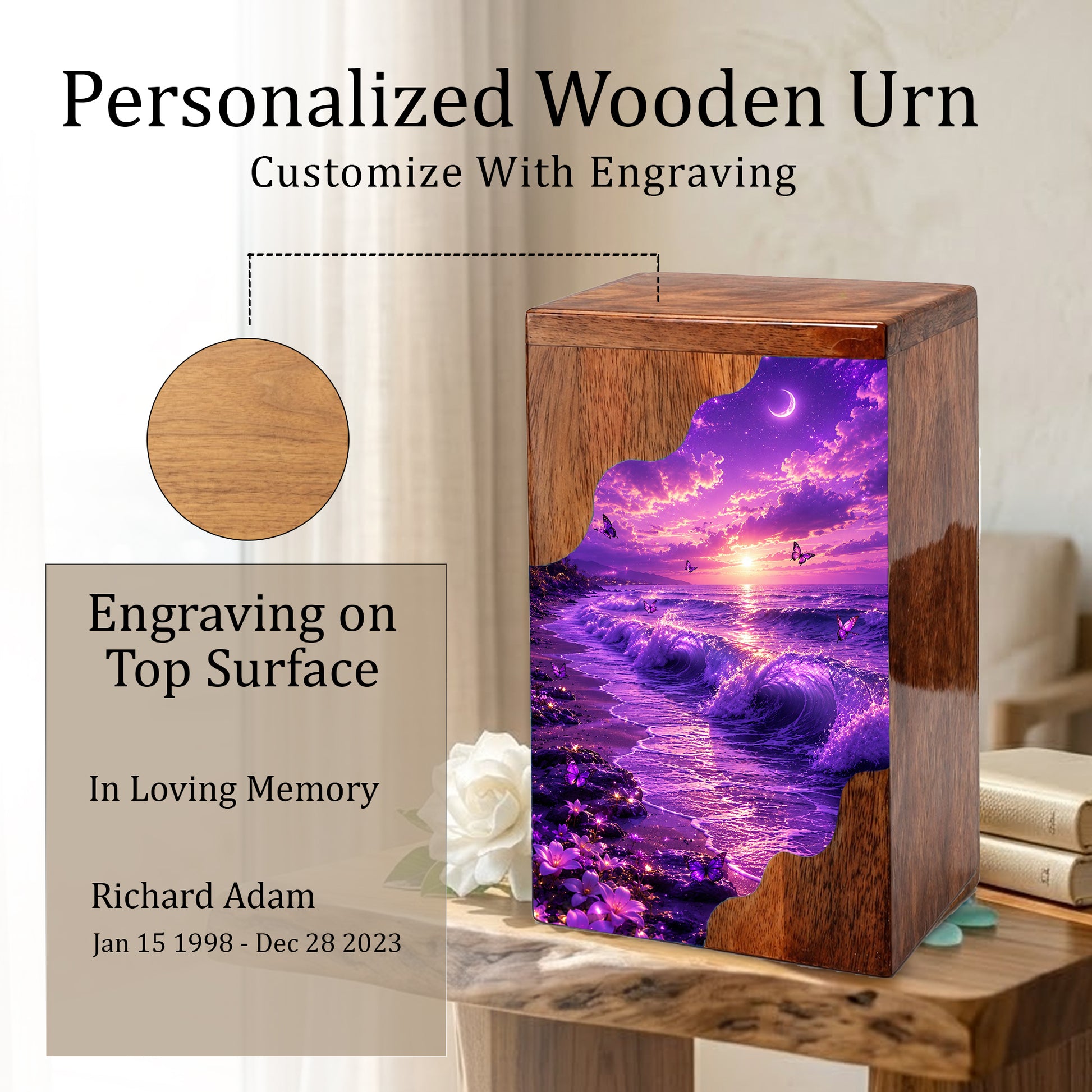 Moonlit Ocean Butterfly Wooden Cremation Urn – Beach Theme Wooden Urn for Human Ashes