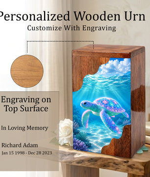 Sea Turtle Wooden Cremation Urn – Ocean Memorial Urn for Human Ashes