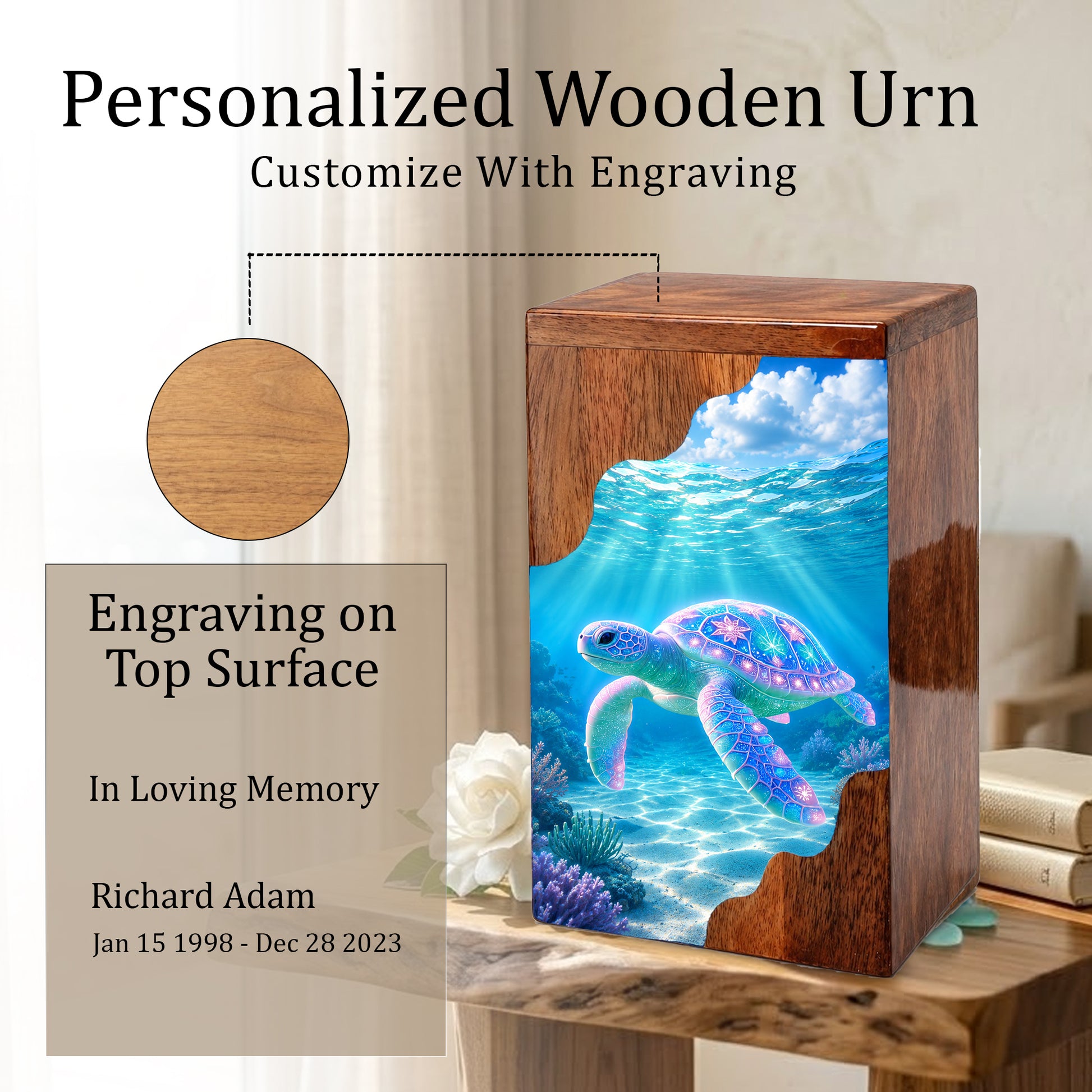 Sea Turtle Wooden Cremation Urn – Ocean Memorial Urn for Human Ashes