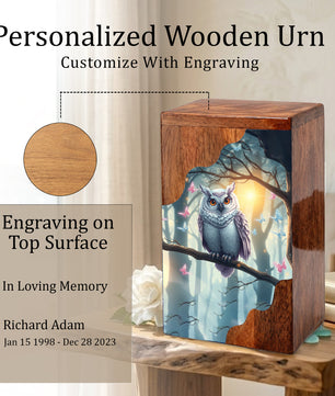 Wooden Cremation Urn – Owl Memorial Urn | Custom Wooden Memorial Urn for Adult Ashes