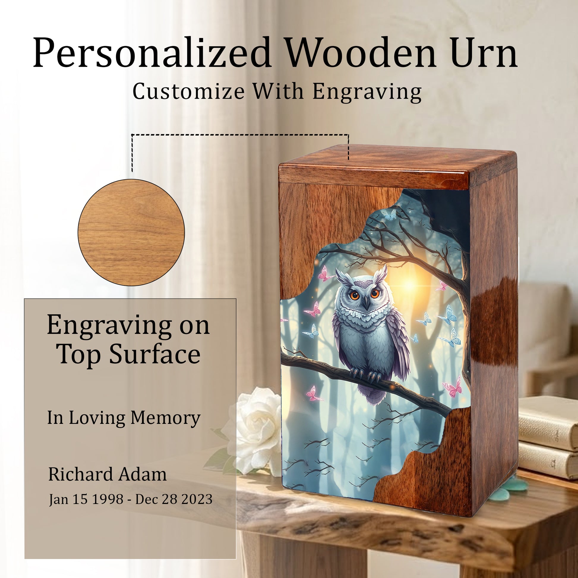 Wooden Cremation Urn – Owl Memorial Urn | Custom Wooden Memorial Urn for Adult Ashes