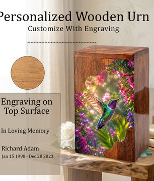 Green Hummingbird Wooden Cremation Urn – Floral Memorial Wooden Urn for Human Ashes