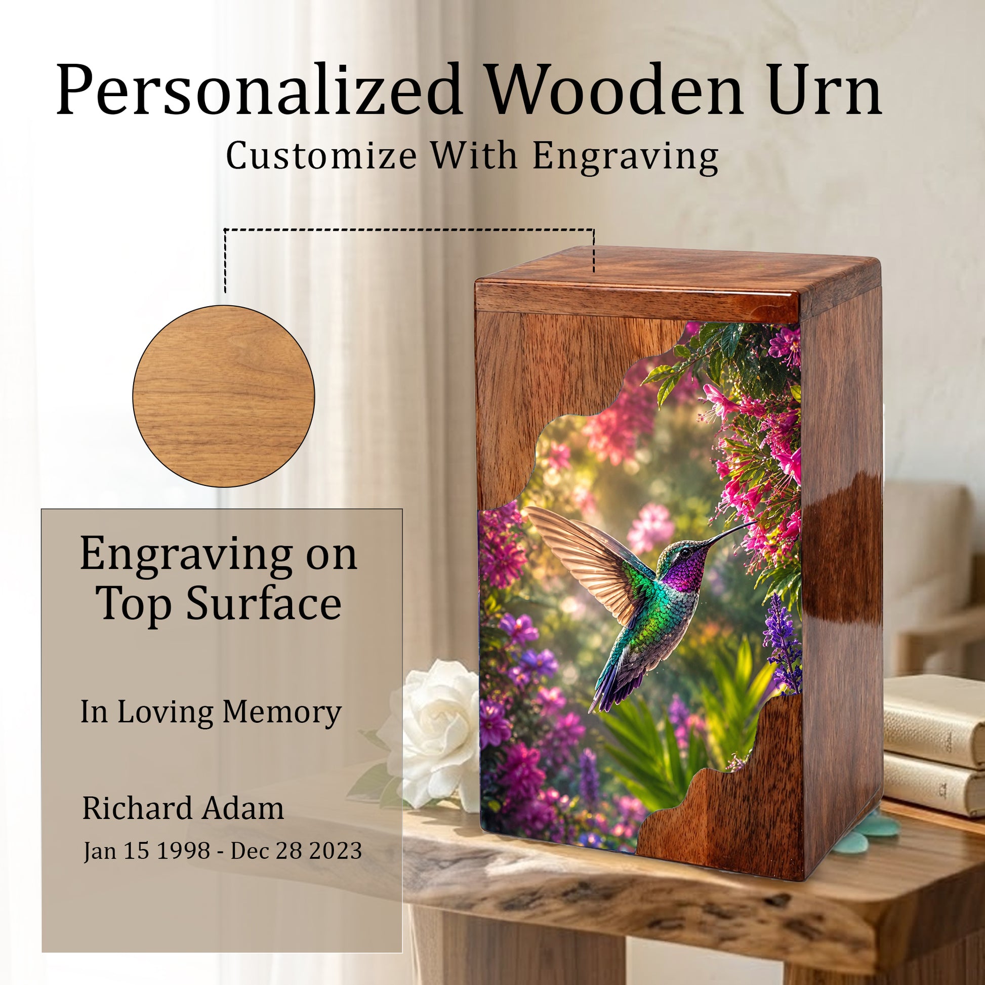 Green Hummingbird Wooden Cremation Urn – Floral Memorial Wooden Urn for Human Ashes