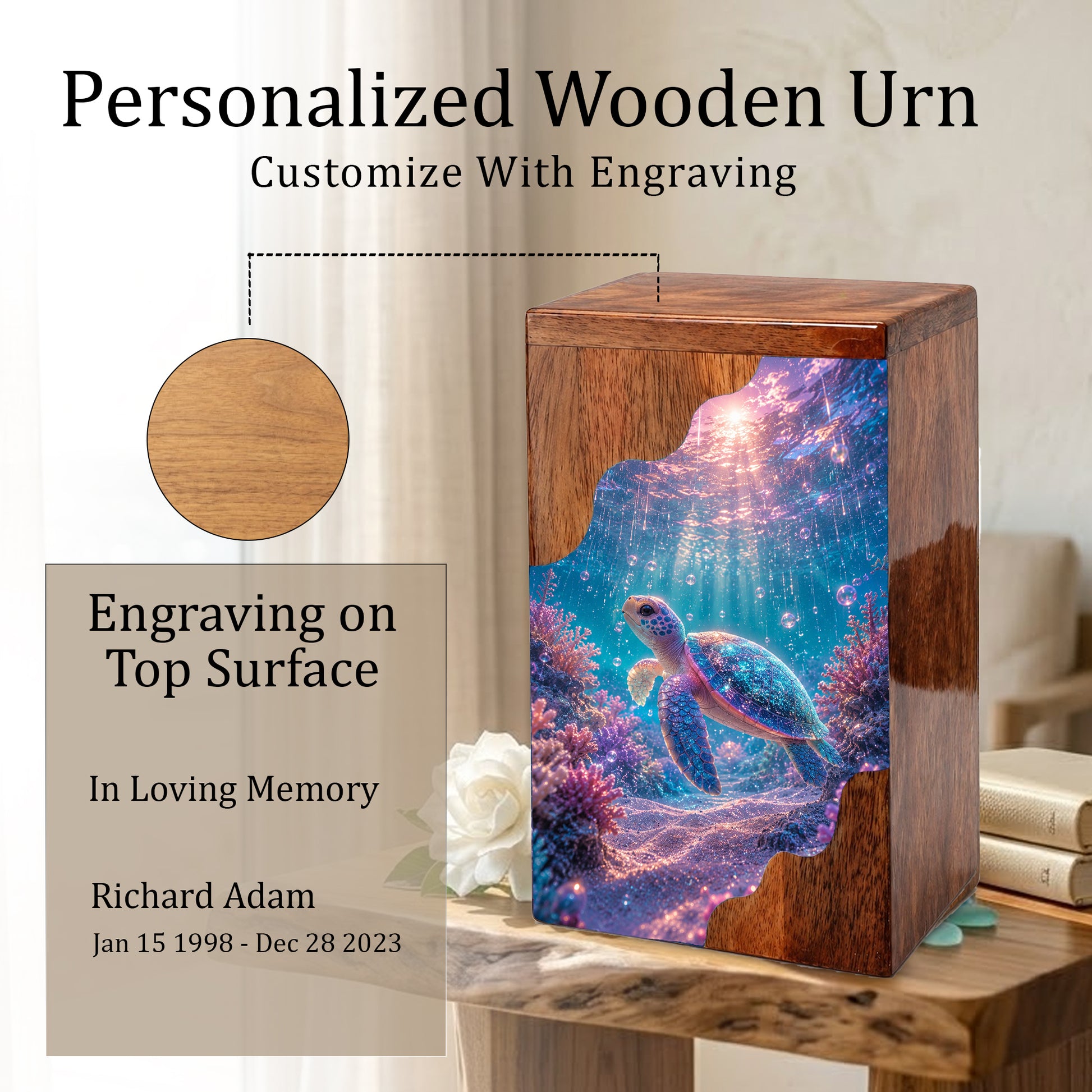 Sea Turtle Underwater Wooden Cremation Urn – Personalized Memorial Urn for Human Ashes