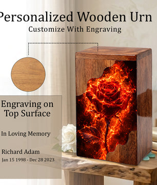 Fiery Rose Wooden Cremation Urn – Personalized Memorial Urn for Human Ashes