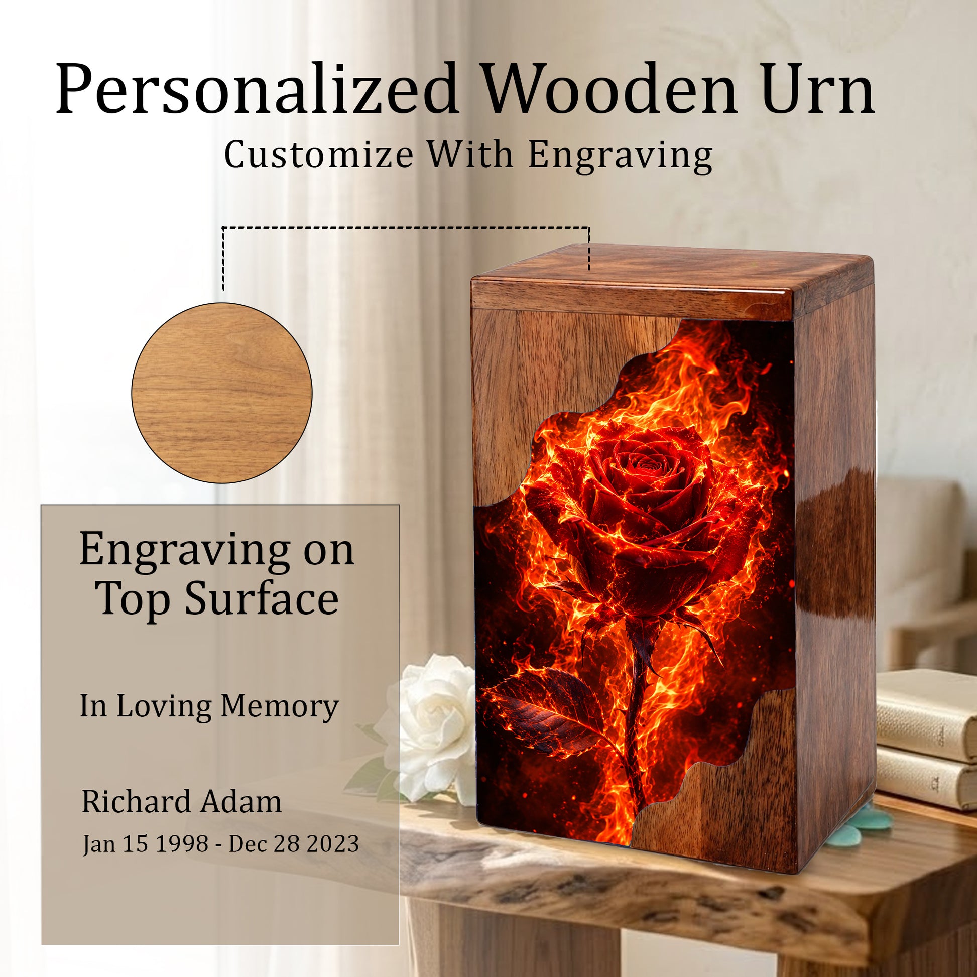 Fiery Rose Wooden Cremation Urn – Personalized Memorial Urn for Human Ashes