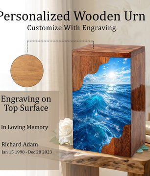 Ocean Wave Wooden Cremation Urn – Wooden Urn for Human Ashes