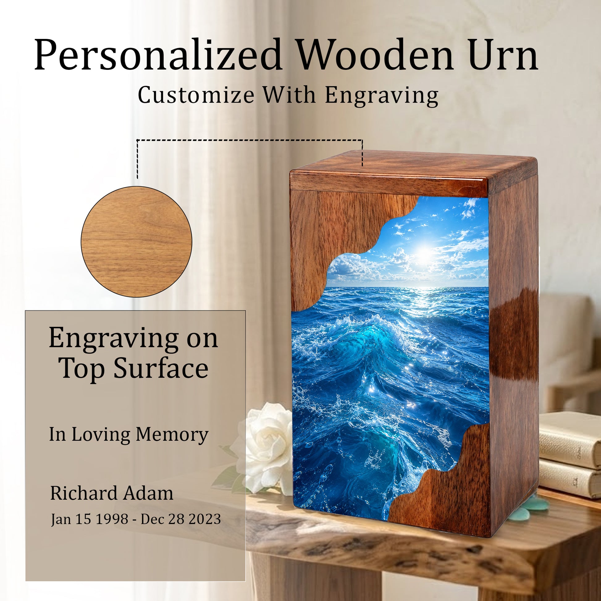 Ocean Wave Wooden Cremation Urn – Wooden Urn for Human Ashes